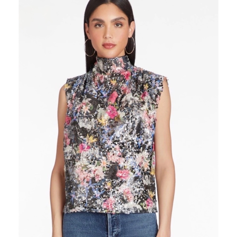 NWT Amanda Uprichard Middleton Night Garden Sequin Top  Sleeveless Mock Neck  XS
